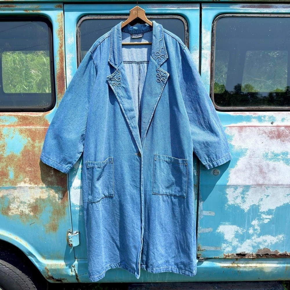90s Chorus Blues long denim duster w/ corded loop embroidered lapel